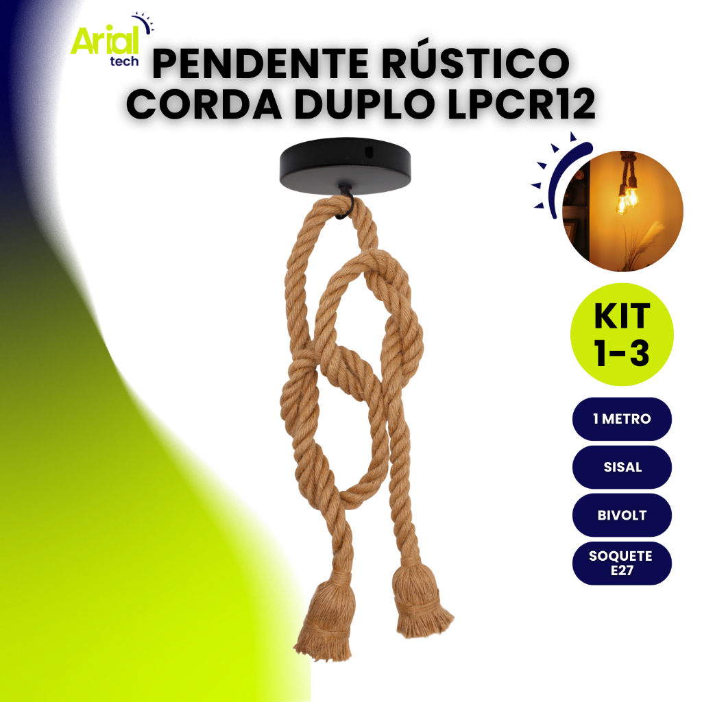 Pendente Duplo Luminária Teto Corda Sisal Rústico 1m Lpcr12 Unitário Kit 2 ou Kit 3 em Oferta na Shopee