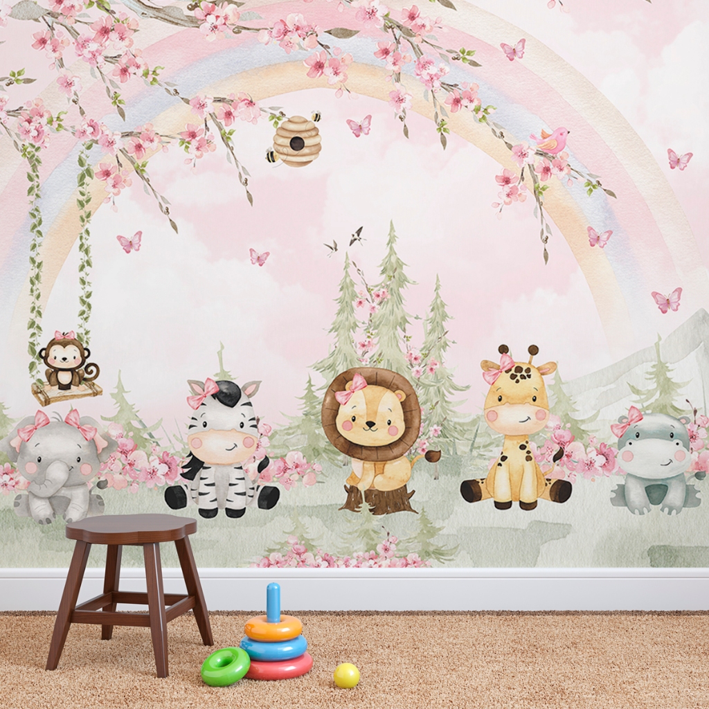 Papel De Parede Adesivo Infantil Safári Floral Aquarela Rosa em Oferta na Shopee
