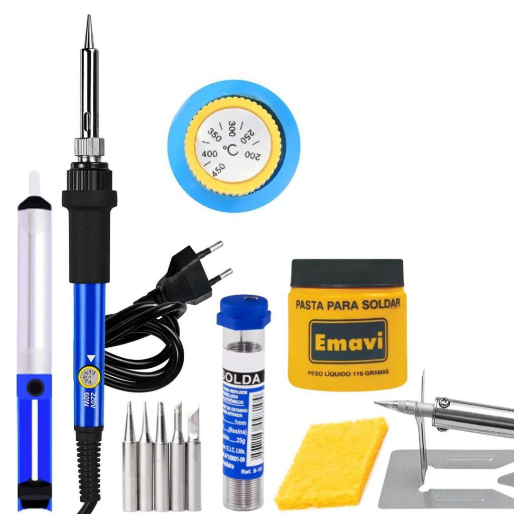 Kit Ferro de Solda Soldador 60w 110v 220v + Estanho + Sugador Solda + Pasta Solda 60w