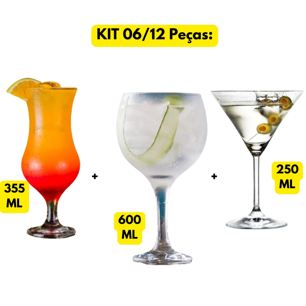 Jogo Kit 06/12 Taças Vidro Gin 600ML + Windsor Coquetel 355ML + Martini 250ML Buffet Hotel Duralex