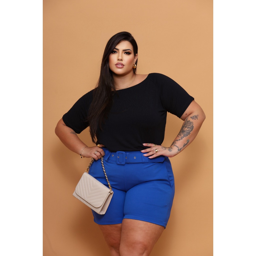Detalhes do Bermuda Social Plus Size Azul Moda Feminina Com Cinto Elegante