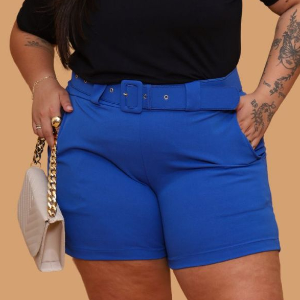 Bermuda Social Plus Size Azul Moda Feminina Com Cinto Elegante