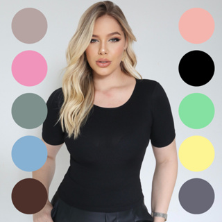Blusa Manga Curta Gola O Redonda Feminina Básica Slim Malha Ribana Canelada Verão em Oferta na Shopee