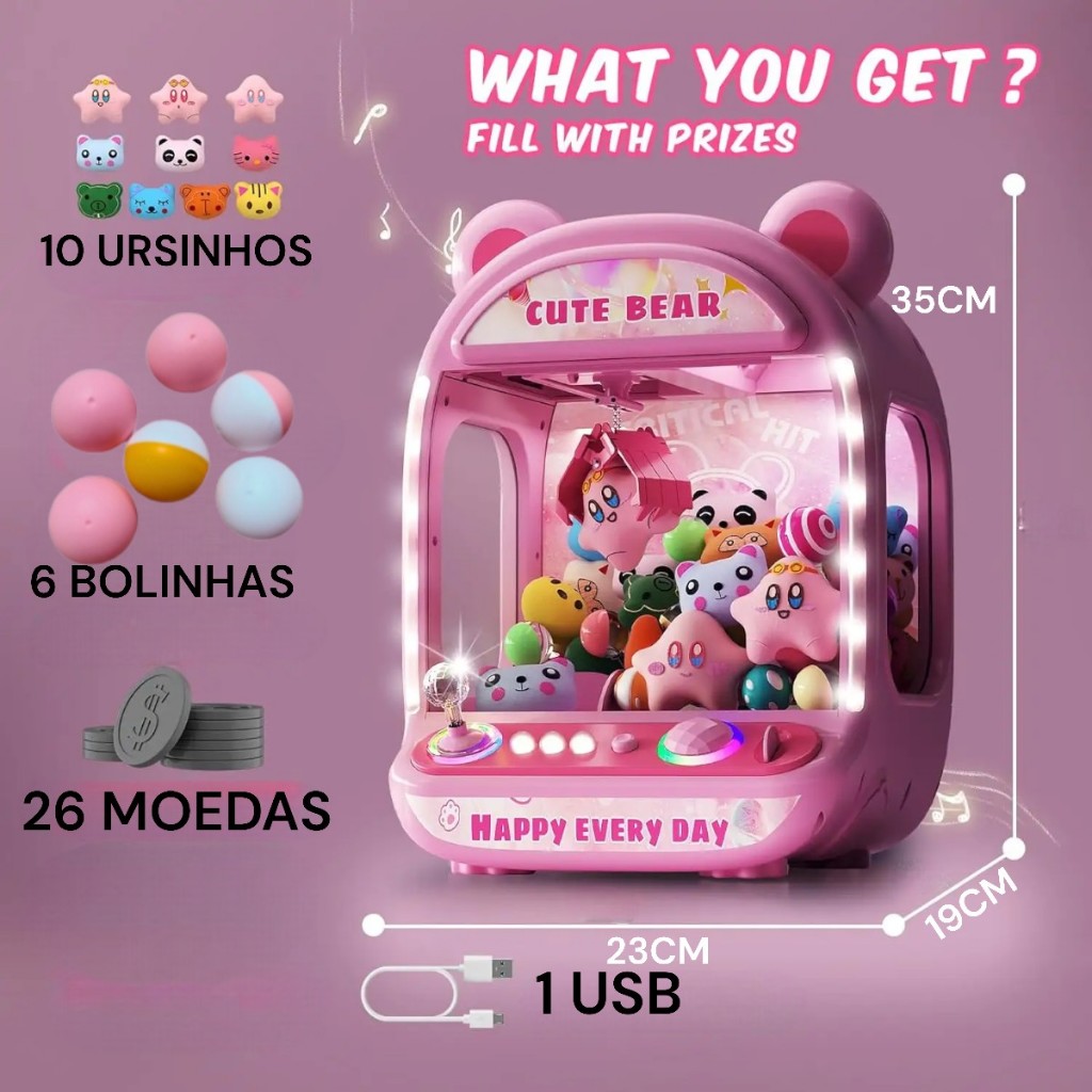 Máquina de Diversão Pega Ursinhos Doces Brinquedos Grua Garra Vem com Moedinhas! Estoque no Brasil