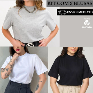 Unidade ou Kit Com 3 Blusas Camiseta T-shirt Gola Alta Feminina Menegotti 100% Algodão