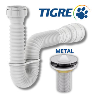 Sifão Sanfonado Multiuso Flexível Tigre + Válvula Pia Lavatório/Tanque Metal Cromado Cifão + Válvula