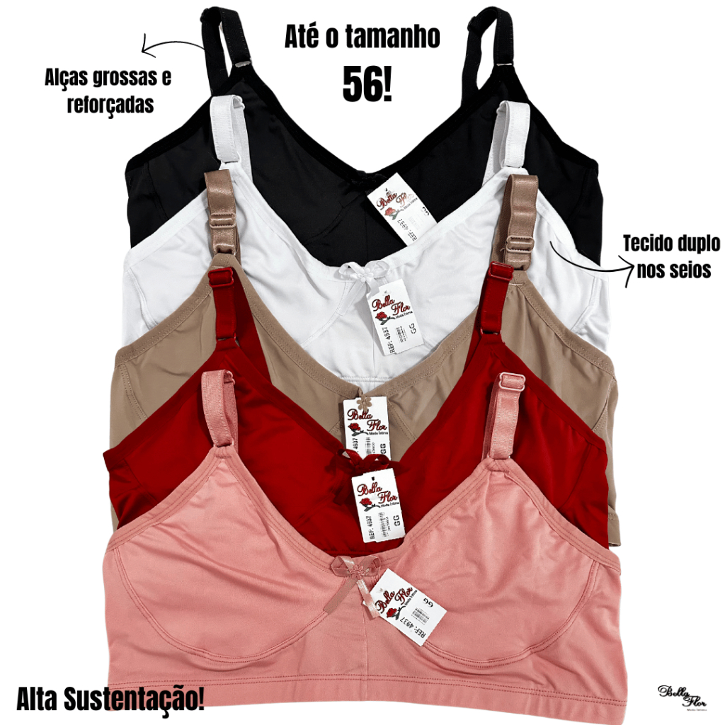 KIT 3 Sutiã Plus Size Reforçado Soutien Alça de Sustentação Grosa Liso Bella Flor