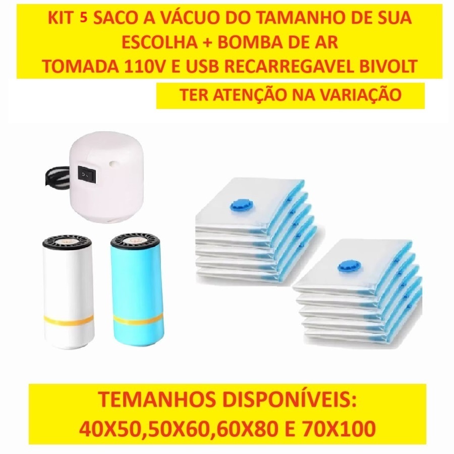 Conjunto 5 Sacos Com A Bomba Recarregável Bivolt Ou Elétrica 110v Diversos Tamanhos De Sacos Válvula em Oferta na Shopee