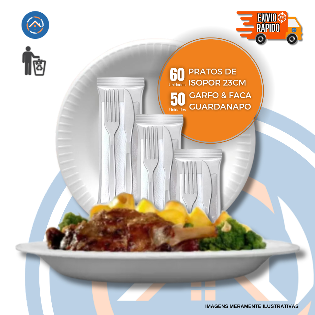Kit Churrasco 60un de Prato de Isopor p/ Refeição 23cm + 50un de Kit Garfo e Faca Embalados