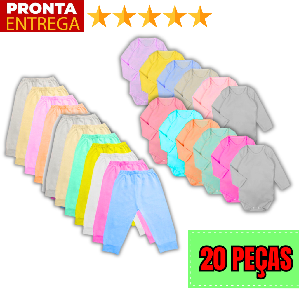 Kit Enxoval Infantil 20 Peças Body Manga Longa E Mijão De Bebê Menino E Menina
