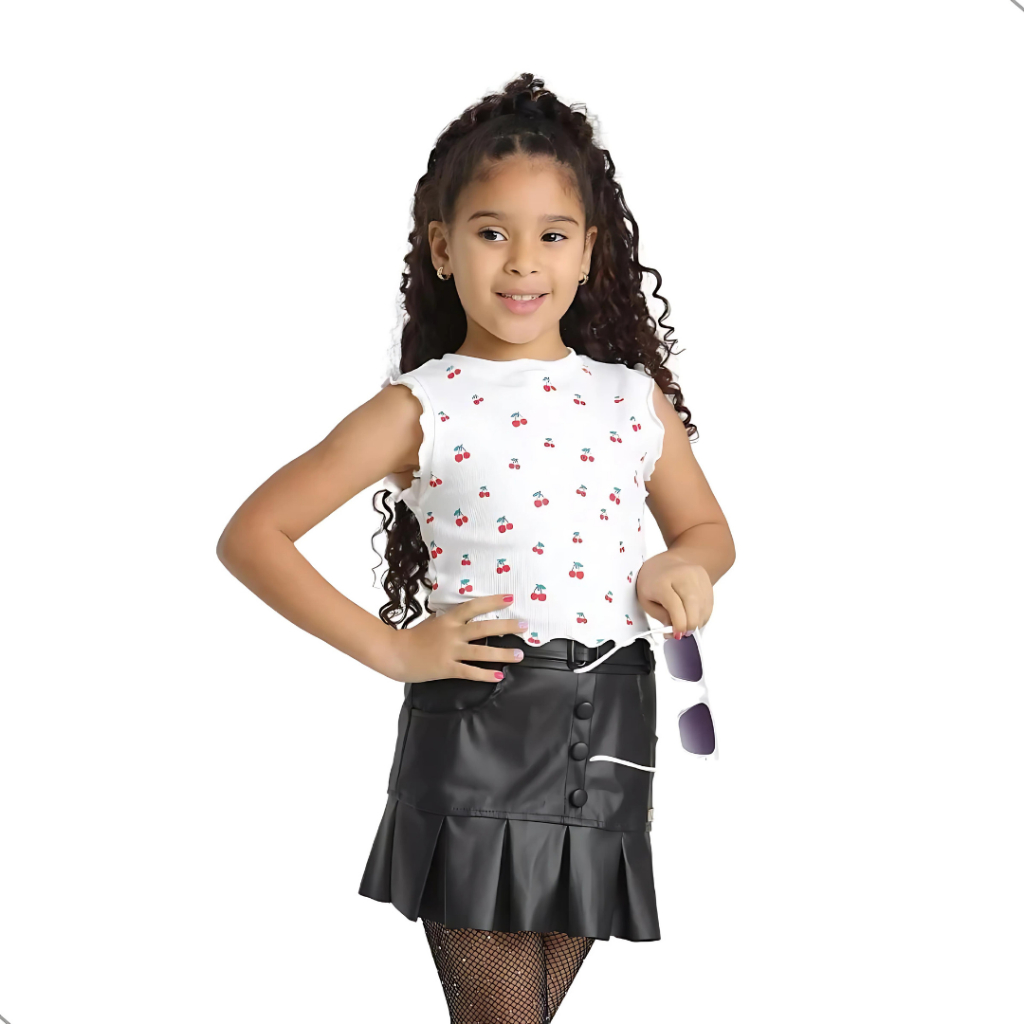 Saia Infantil Menina Blogueirinha de Cirrê com Botão Cinto Bolsos Falsos e Babado Conforto...