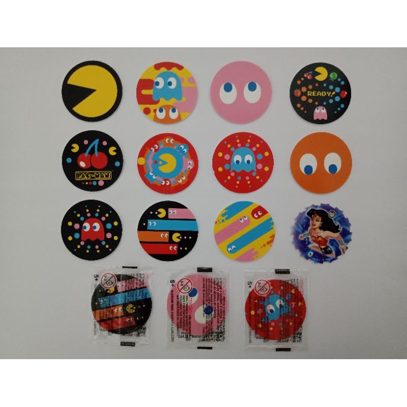 Lote De Tazos Pac-Man Com 14 Unidades (3 Lacrados) + 1 Tazo Liga Da Justiça Elma Chips