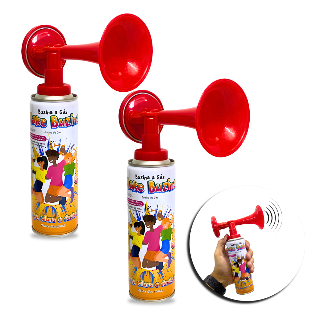 Kit Com 2 Buzinas À Gás Corneta Susto Super Alta Marítima Vuvuzela Spray Sinalizador Tubo Carnaval