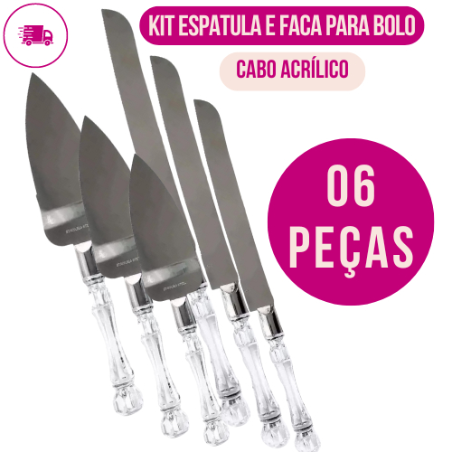 Kit Para Bolo Tortas Espatula e Faca Com Cabo de Acrilico Efeito Cristal Lâmina Aço Inox Ideal para  Servir Cortar Confeiteira, Boleiras, Restaurantes e Cozinhas