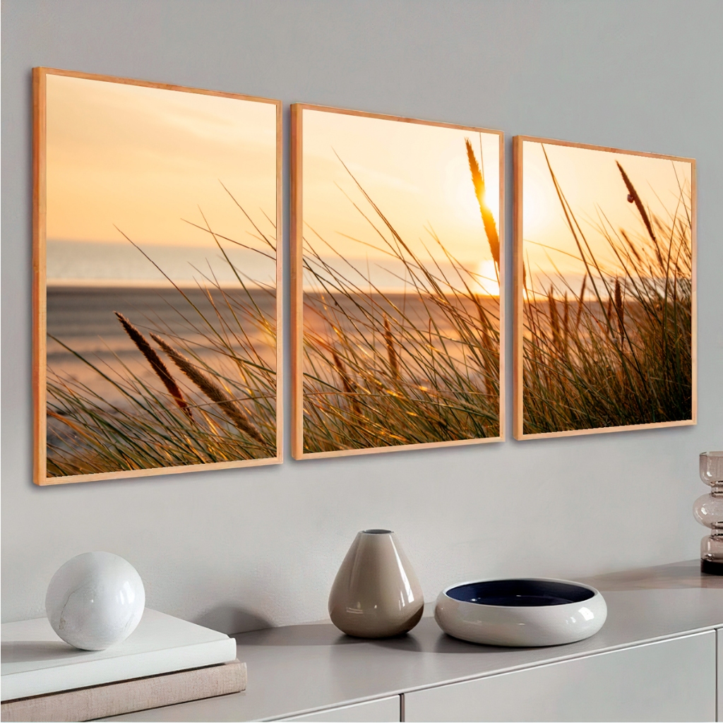 Kit 3 Quadros Com Moldura 50X70 cm Por do Sol na Praia