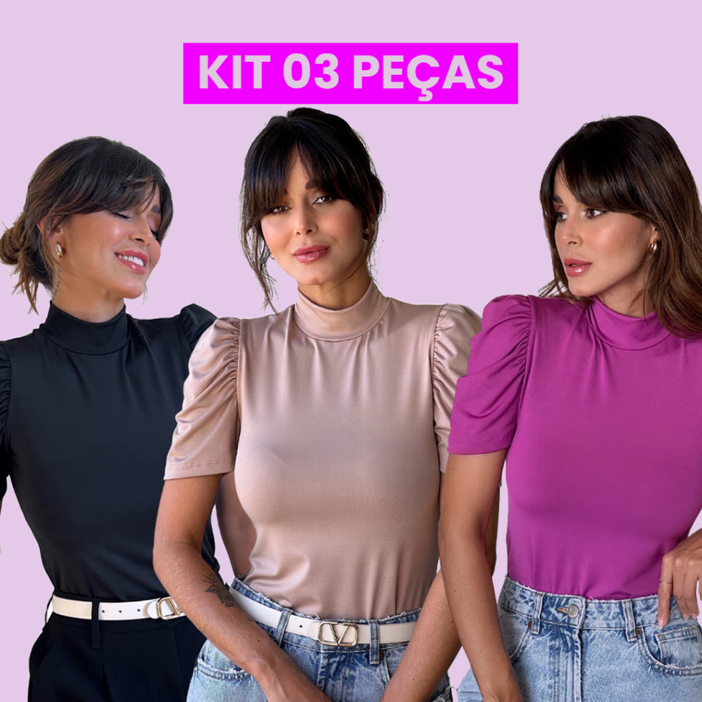 Kit 3 Peças Blusa Feminina Manga Princesa Gola Alta Basica Malha Suplex Confortável Estilosa
