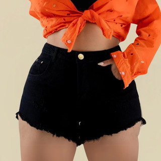 Short Jeans Plus Size Preto Liso Hot Pants Barra Desfiada