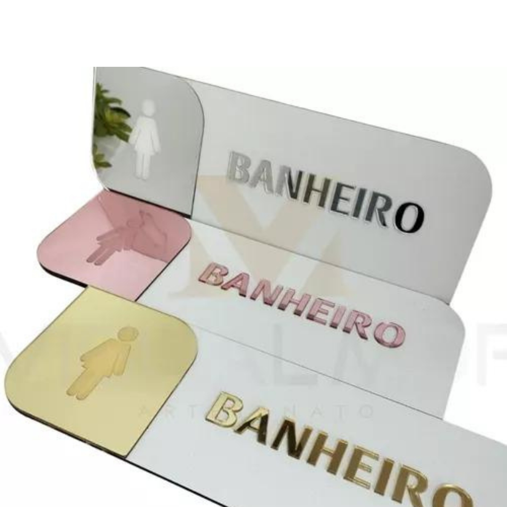 Placa Sinalização de Porta Salas Setores Banheiro MDF com Acrilico espelhado Personalizada