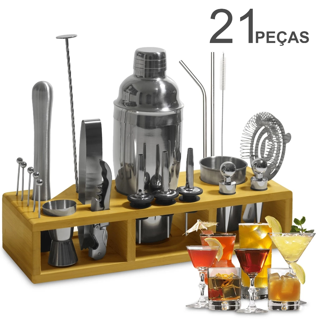 Kit Caipirinha Bartender 21 Peças Inox Coqueteleira 550ml Profissional + Suporte Sacador Dosador