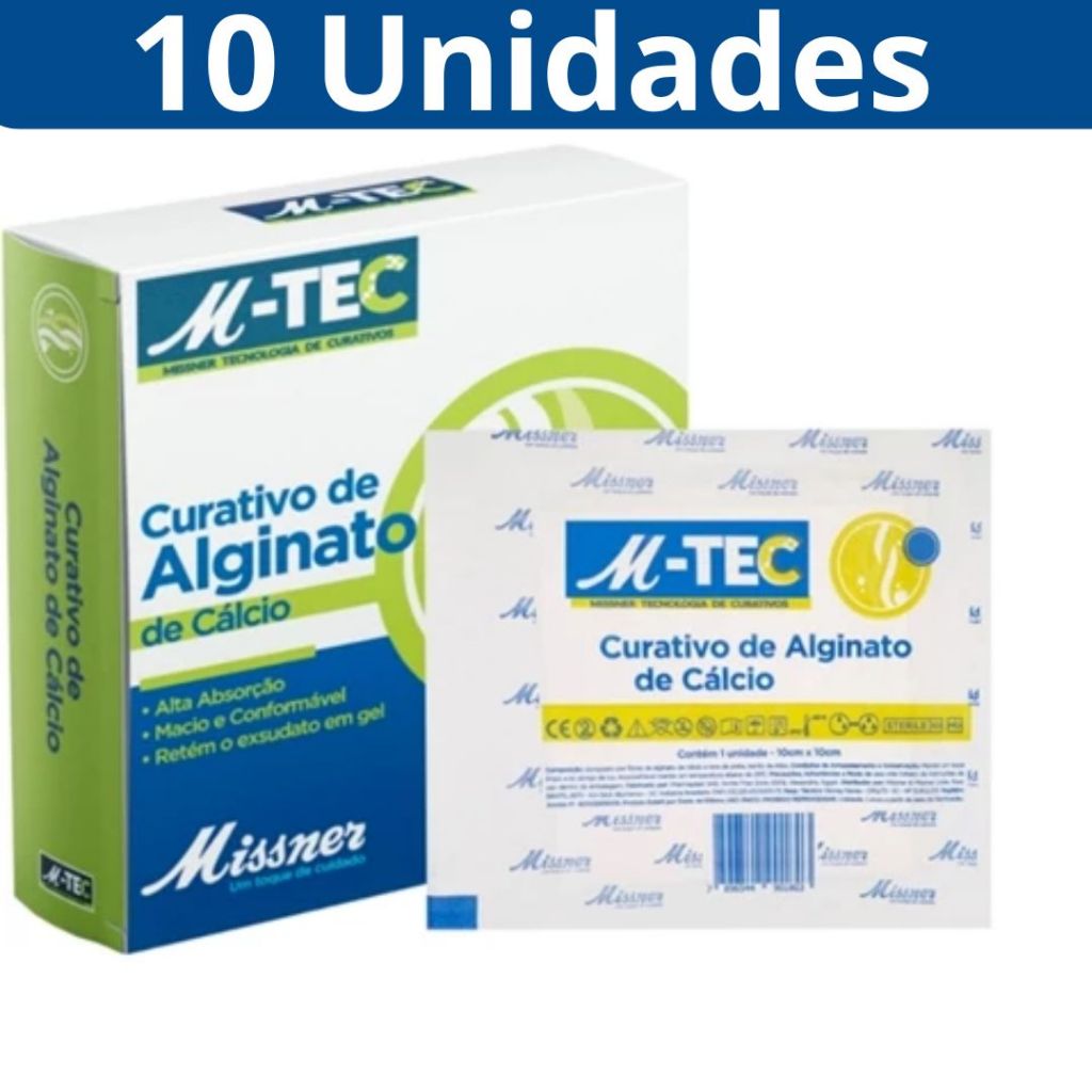 10un Curativo Para Tratamento De Feridas Fibras Alginato de Cálcio Rápida Cicatrização Cicatrizante M-TEC 10cm x 10cm - Missner