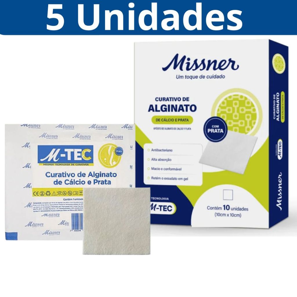 Curativo De Alginato De Cálcio E Prata Missner M-Tec 10 x 10cm Kit 3 Ou 5 Unidades