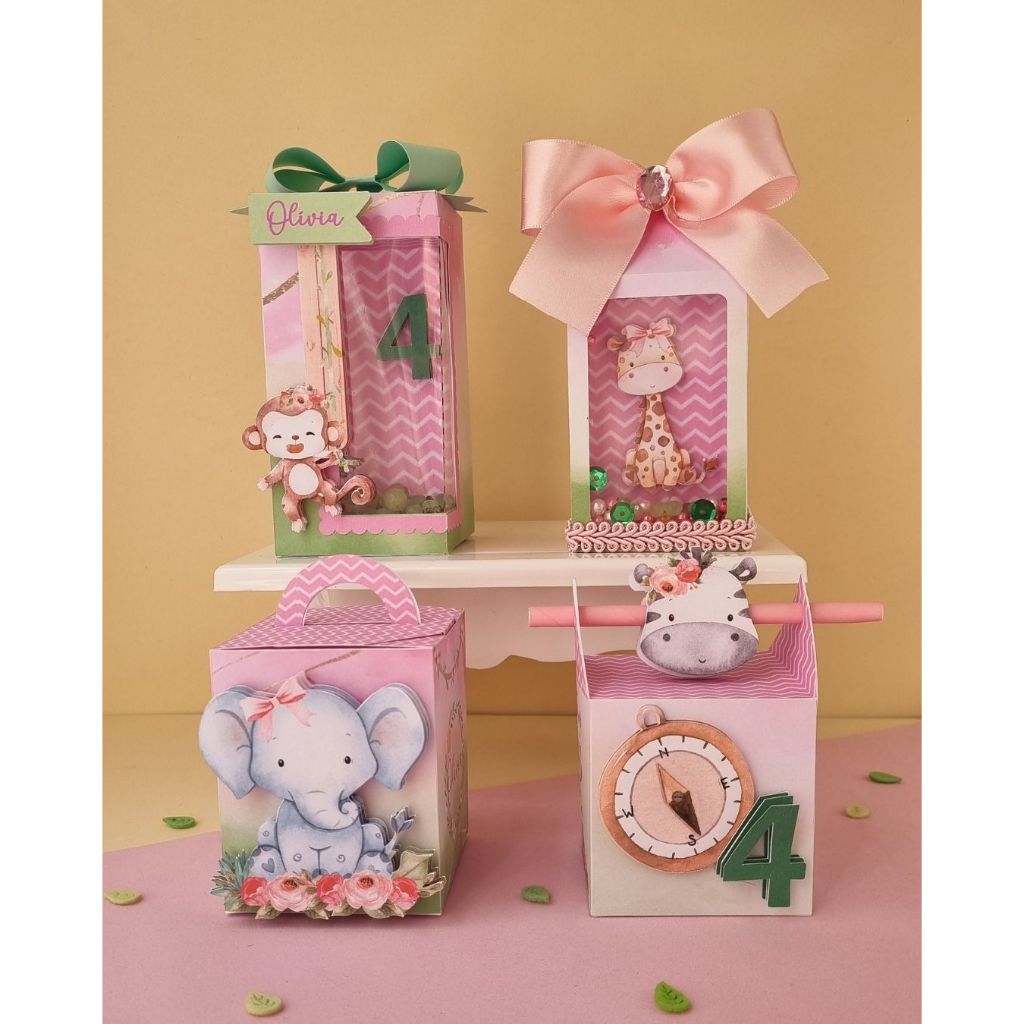 Lembrancinha Personalizada Safari Luxo (meninas) / Kit Festa Safari / Aniversário infantil safari / cores principais rosa e verde / girafa, macaco, zebra, elefante