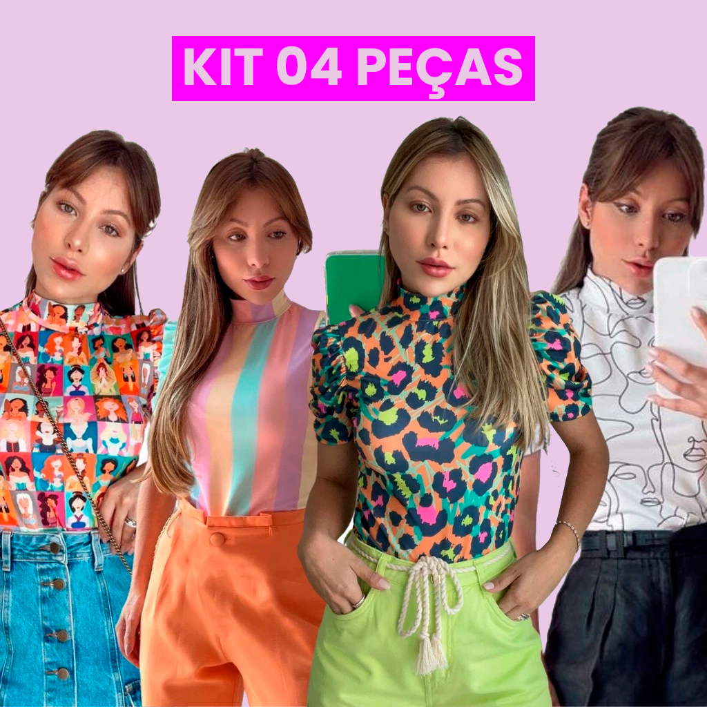 Kit 4 Peças Blusa Feminina Manga Princesa Gola Alta Basica Malha Suplex Confortável Estilosa Estampada
