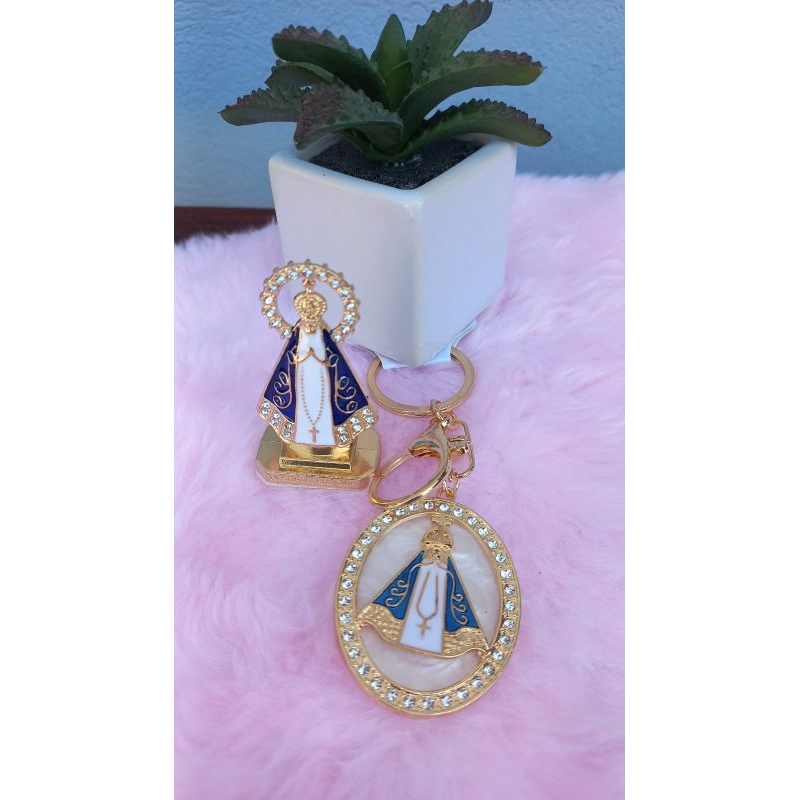 kit imagem de Nossa senhora Aparecida para painel de carro + chaveiro luxo dourado Nossa senhora Aparecida