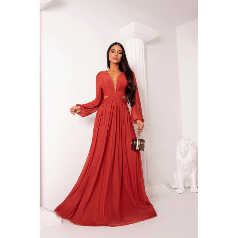 Vestido Longo de Festa Manga Longa Micro Tule Abertura lateral