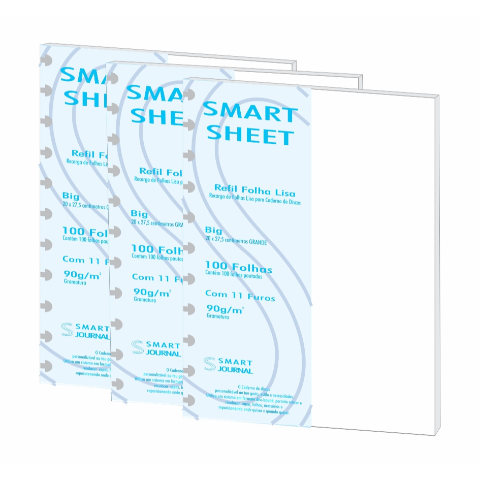 Kit 3 Refil Caderno de Discos 90g 300 Folhas Liso Grande 11 Furos Smart Sheet