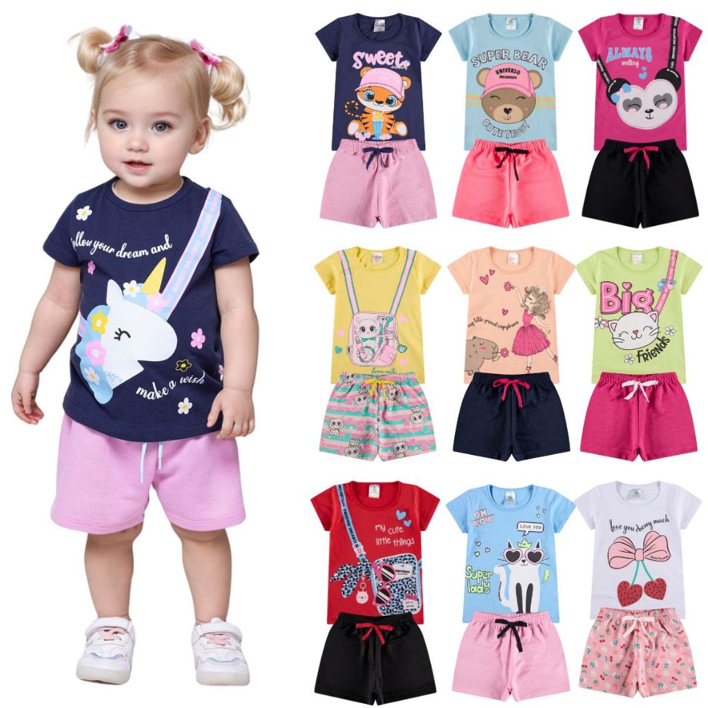 Kit Sortido 10 Peças de Roupas Infantil Bebê Menina (5 Camisetas + 5 Shorts) Kit 5 Conjuntos Bebê