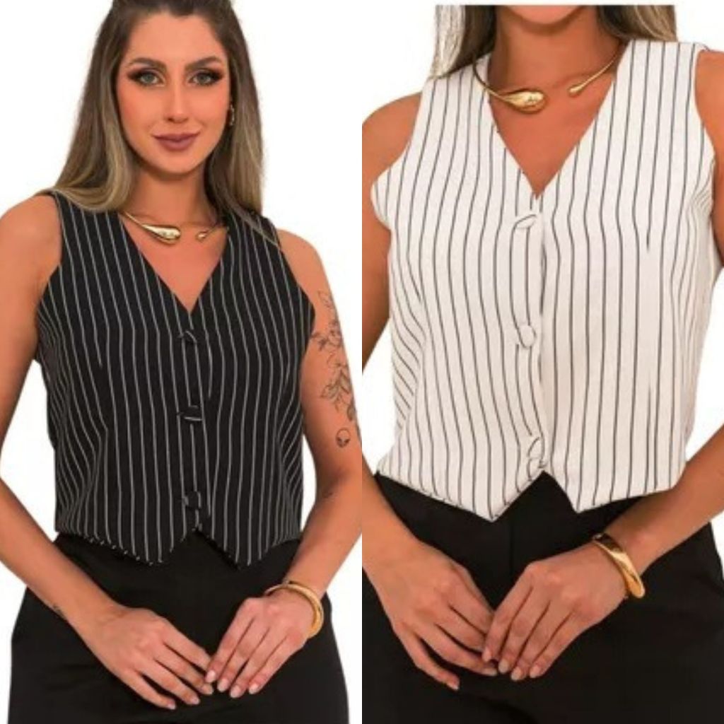 Kit 2 Coletinho Curto Alfaiataria Social Feminino Listrado Forrado Botão Top Melhor Preço em Oferta na Shopee