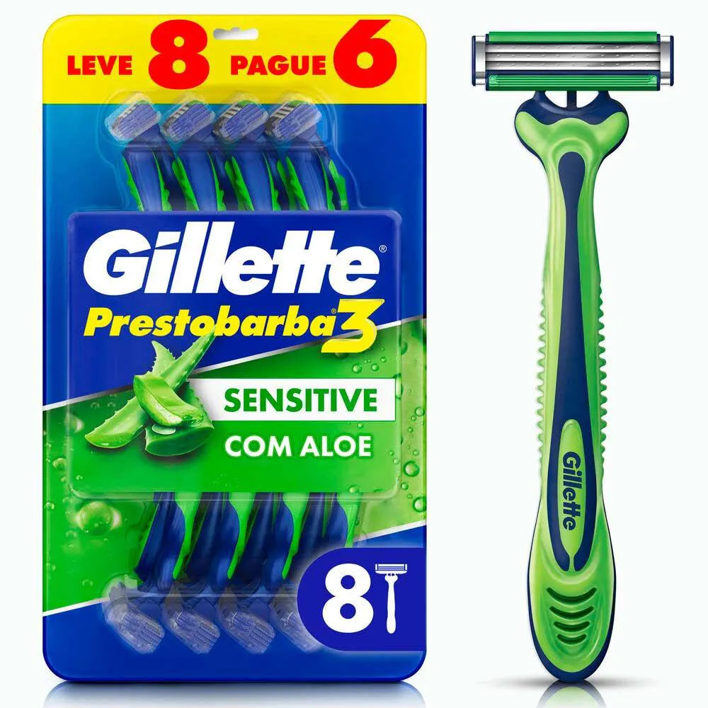Aparelho de Barbear Gillette Prestobarba 3 Sensitive Aloe Vera – Kit 8 Unidades com 3 Lâminas