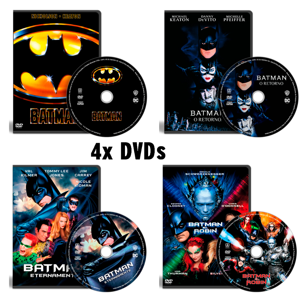 Kit 4x DVDs Batman (1989 / 1992 / 1995 / 1997) (Batman / Batman O Retorno / Batman Eternamente / Batman & Robin) (Dublado e Legendado)