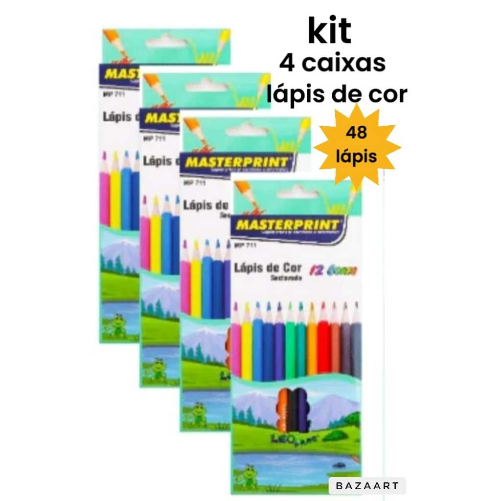 Kit 4 Caixas Lápis de Cor Sextavado 12 Cores Escolar Masterprint Total 48 Lápis