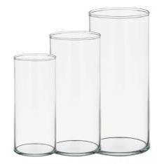 Kit C/ 3 Vasos Tubo De Vidro Transparente Cilindro 10x10cm + 20x10cm + 30x10cm