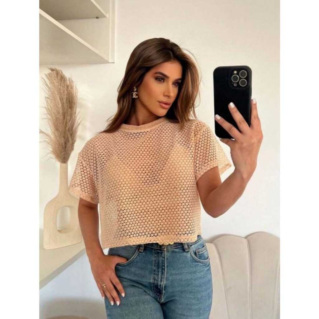 Blusa Feminina Furadinha E Top Conjunto Blusa De Telinha Arrastão Manga Curta Cropped