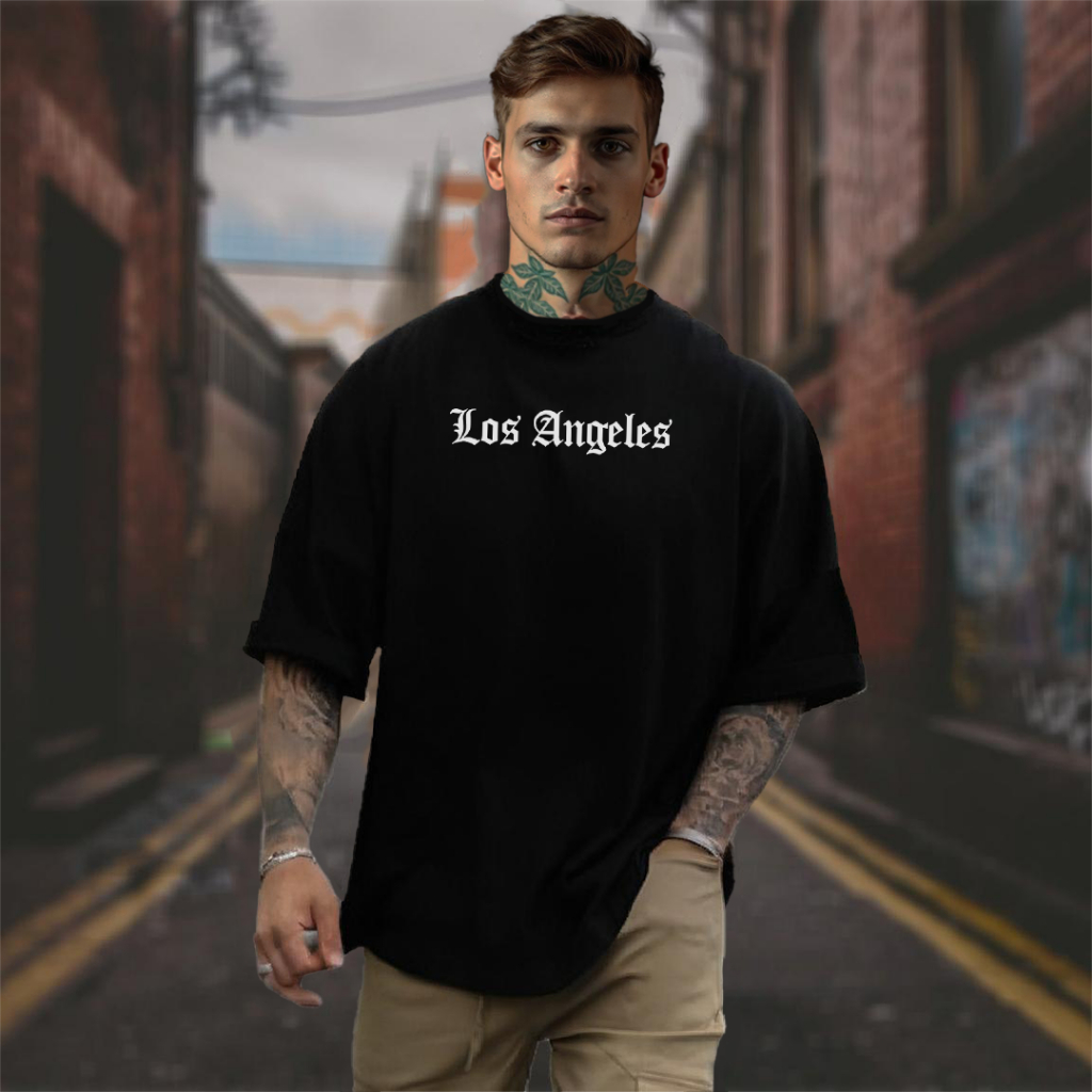 Camiseta Oversized Los Angeles Masculina StreetWear Camisa Larga 100% Algodão Estilo de Rua Grande