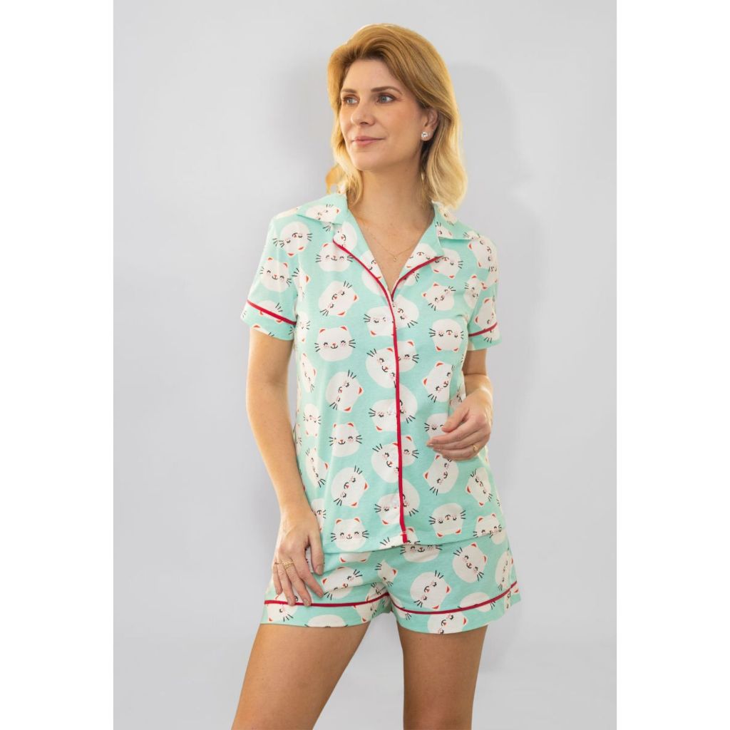 Pijama Feminino Curto modelo Americano Abertura com Botões Algodão Amamentação - Gatinhos Verde
