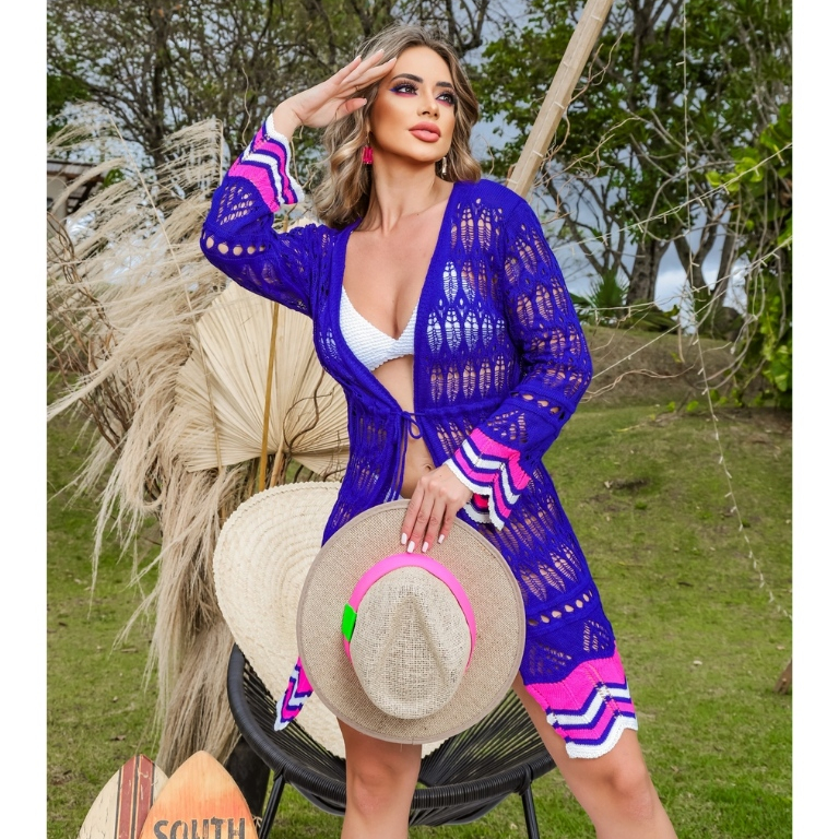 Saída de Praia Kimono Tricô Feminina | Roupa de Praia aberta Cordões | Saída De Banho Crochê Luxo