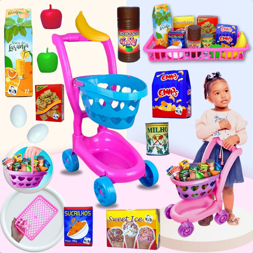 Kit Mercadinho Infantil + Carrinho De Compra hortifruti 14 peças