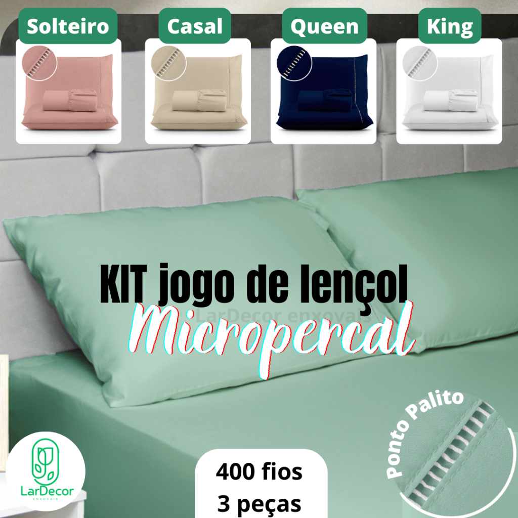 Kit Lençol Cama Casal Queen 400 fios Micropercal 03 Peças Ponto Palito
