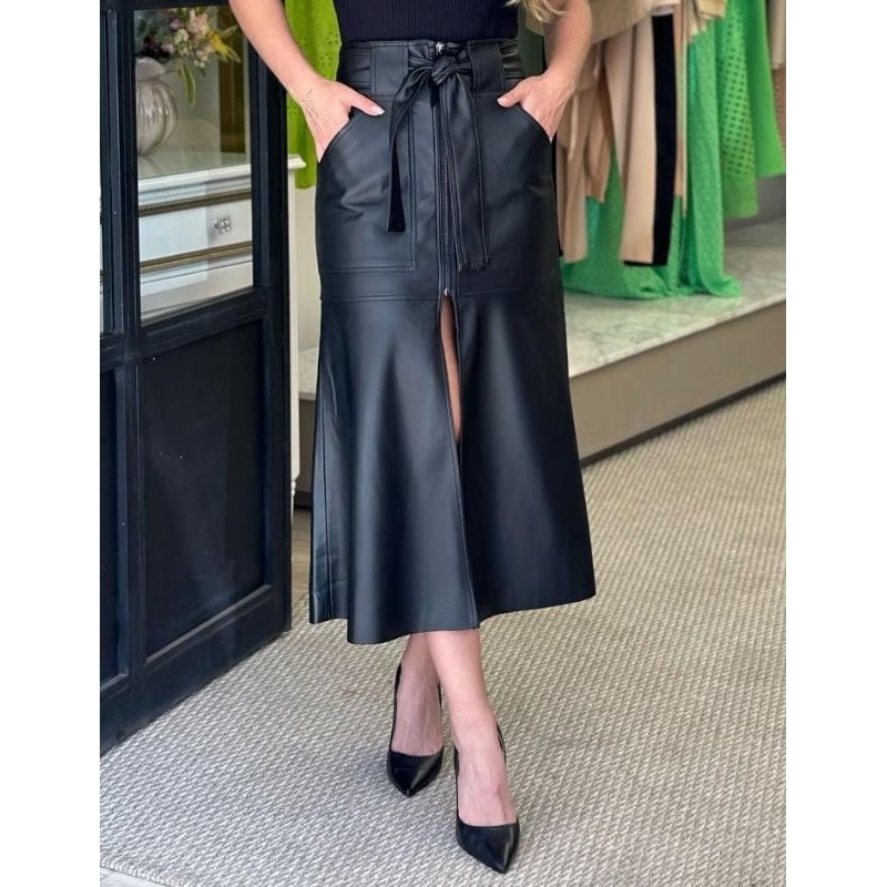 Saia feminina Longa Evangélica Courino Couro Fake sintético com Fenda Moda Elegante cintura alta social midi