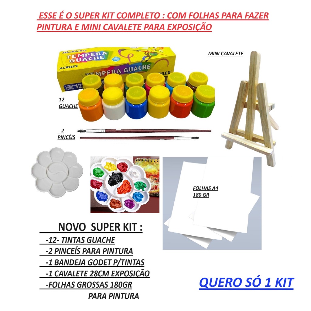 Tinta Guache 12 Cores kit completo        1 gode paleta para tintas     2 Pincéis ACRILEX TEMPERA  - CAVALETE