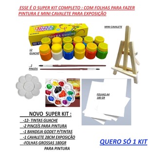 Tinta Guache 12 Cores kit completo        1 gode paleta para tintas     2 Pincéis ACRILEX TEMPERA  - CAVALETE