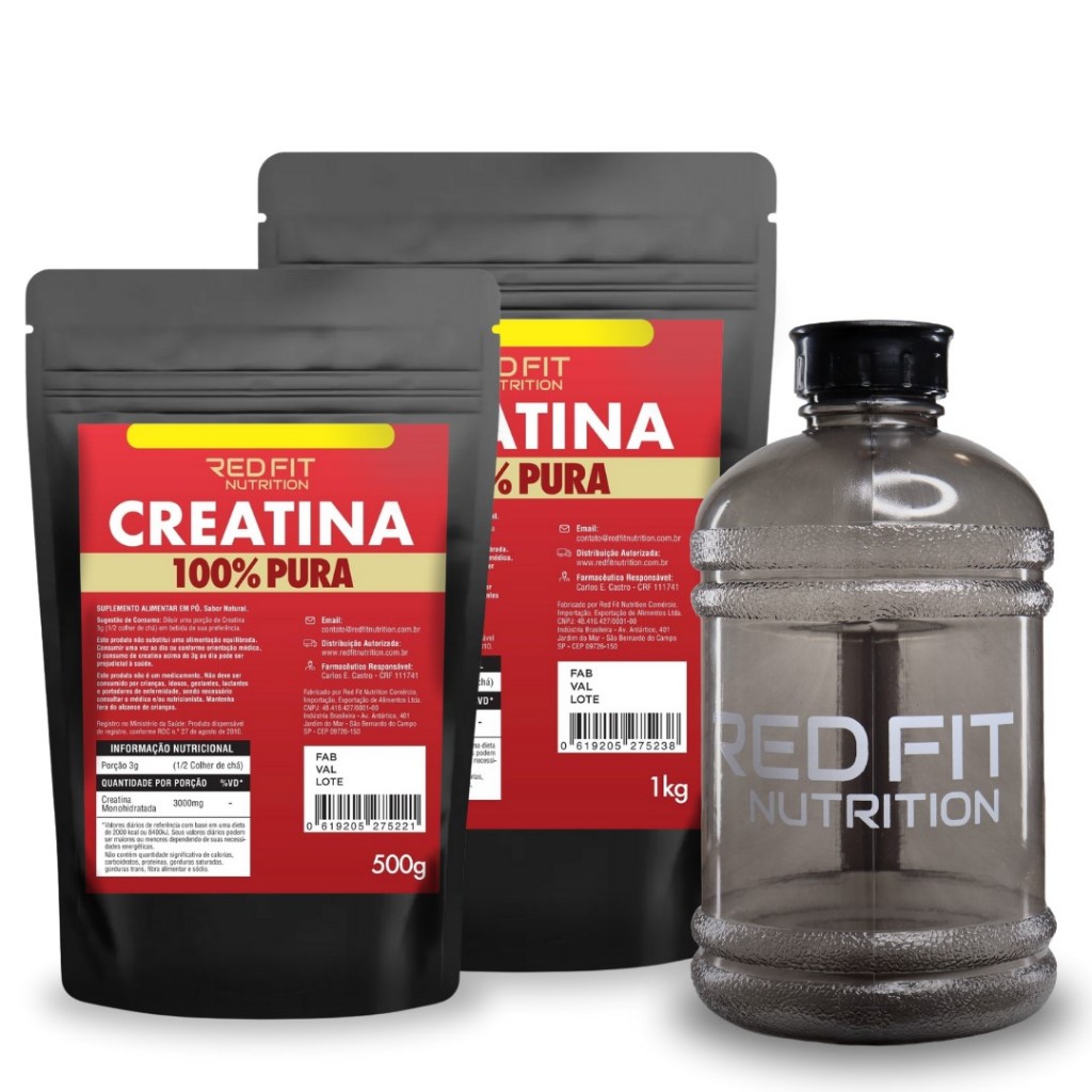 Creatina Monohidratada 1Kg Creatina Monohidratada 500g Gallon Black 1,8L - 100% Pura Matéria-Prima Importada - Red Fit