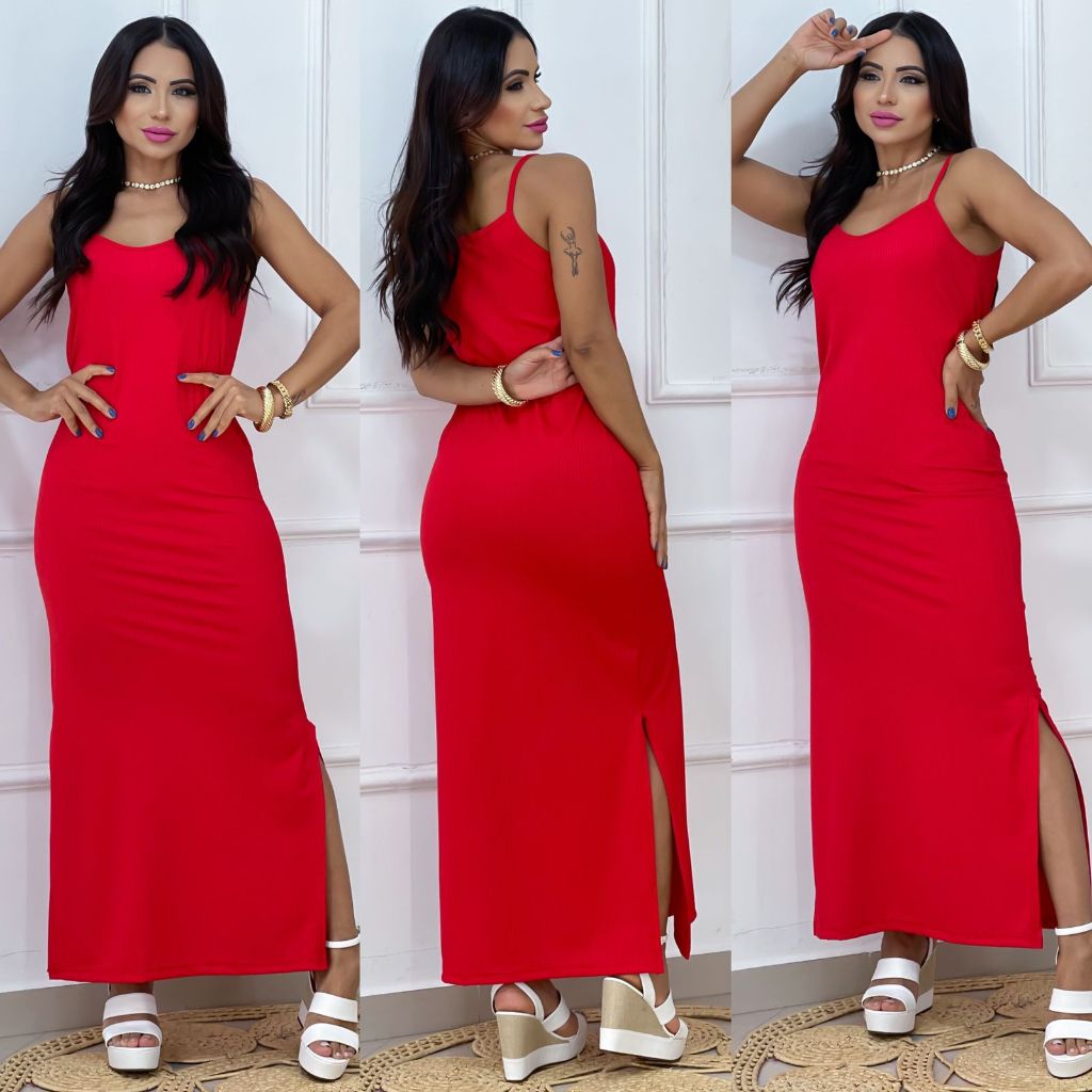 vestido longo de Alcinha com fenda lateral, tamanho único G veste do 40 ao 44 tecido canelado em Oferta na Shopee