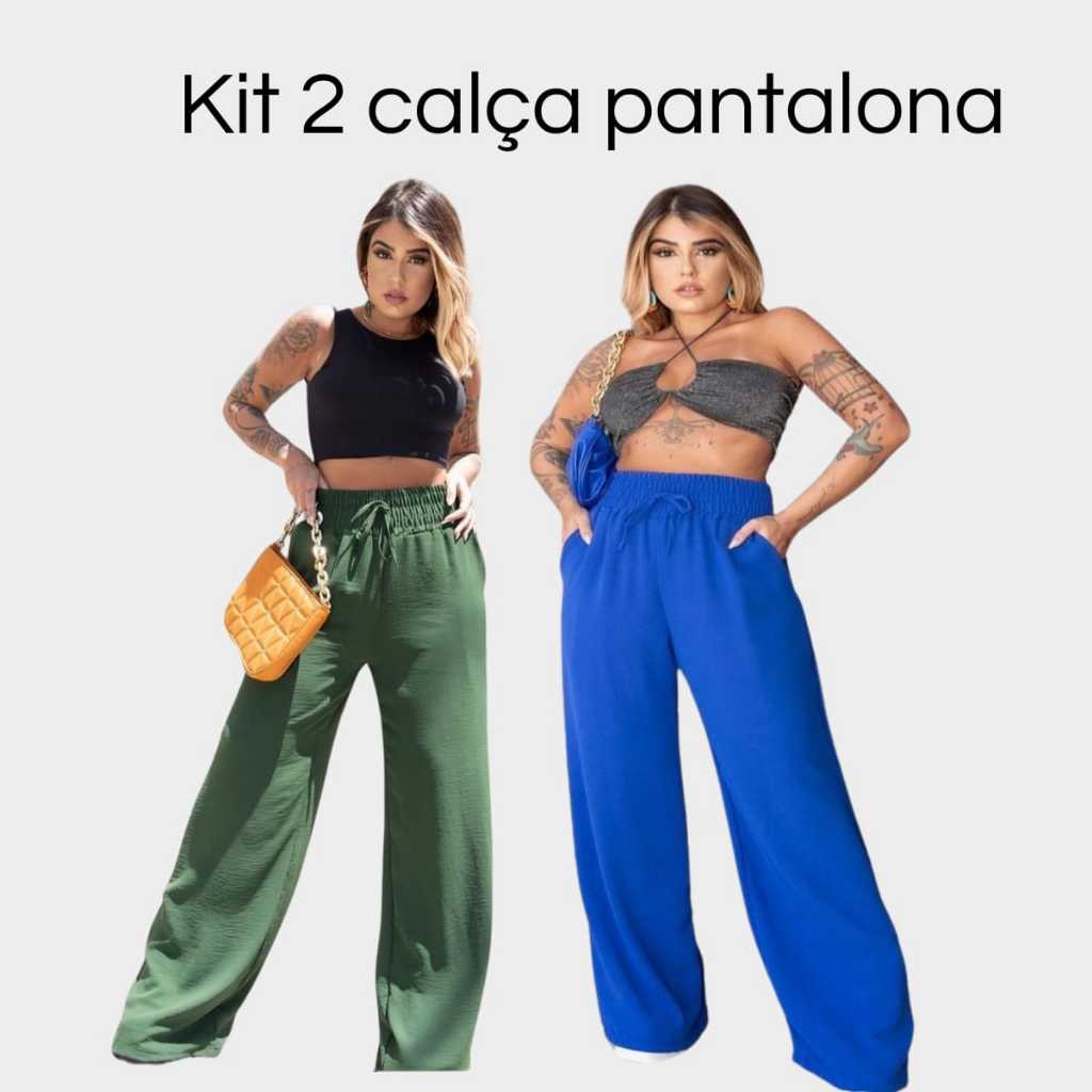 Calça pantalona feminina wid leg com elástico tecido duna premium cintura alta com bolso