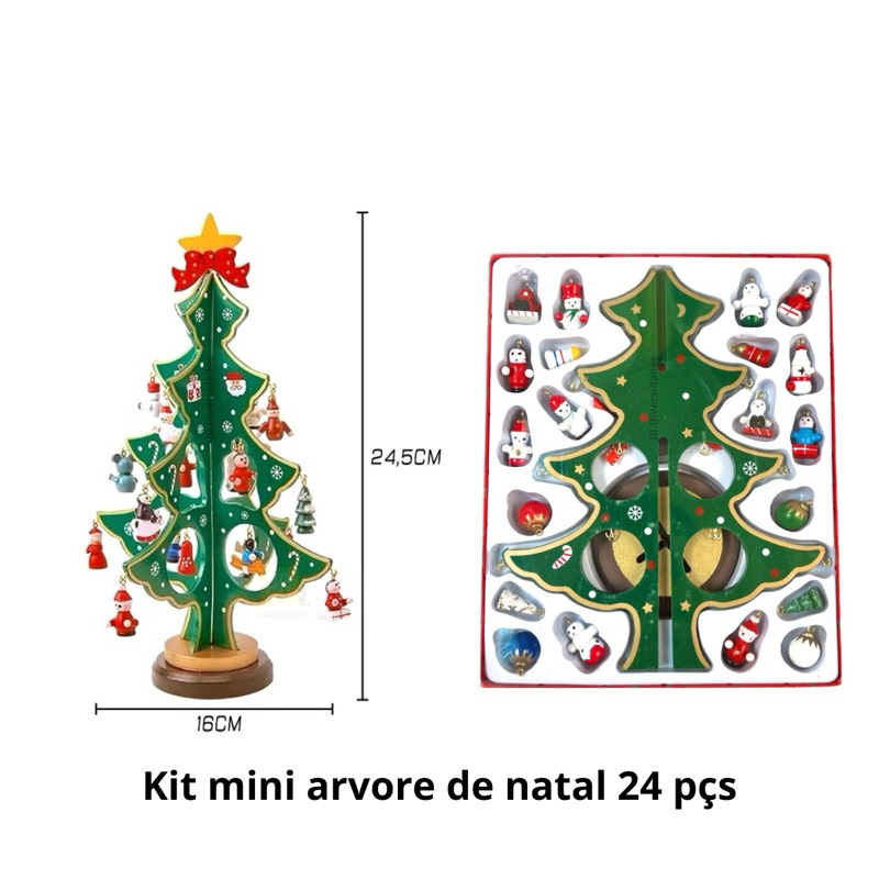 Mini Arvore De Natal Em Madeira 24 Peças enfeites para decoração