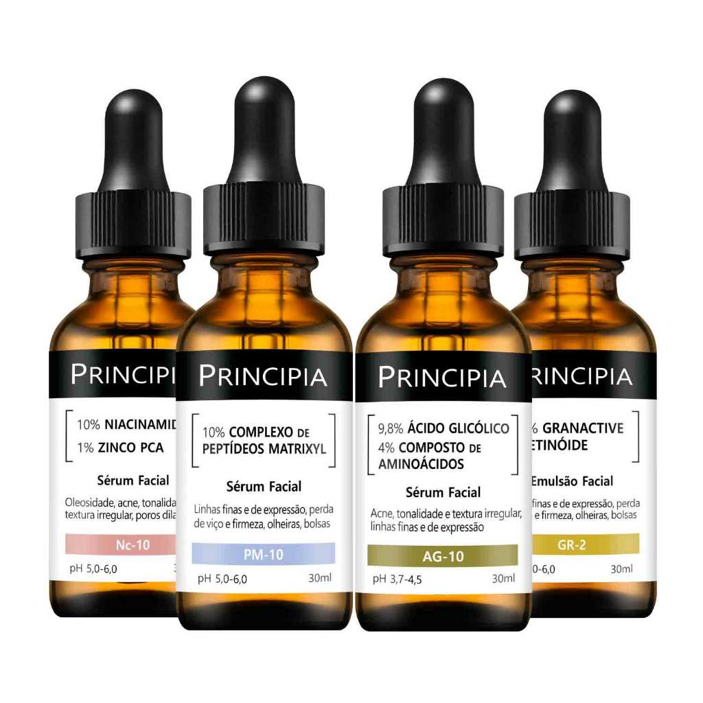 Kit 4 Séruns Principia Niacinamida + Peptídeos + Glicólico + Retinóide